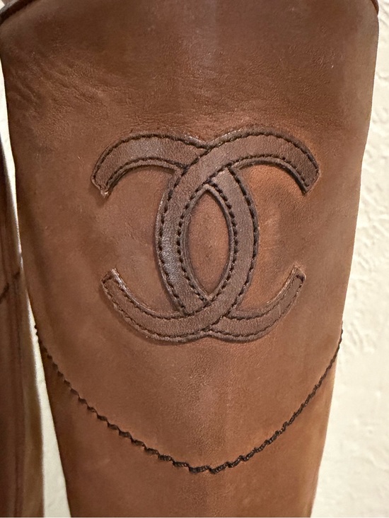 CHANEL Shoes - Chanel Brown Suede Leather Tall Riding Western Boot & Signature CC — Size 37